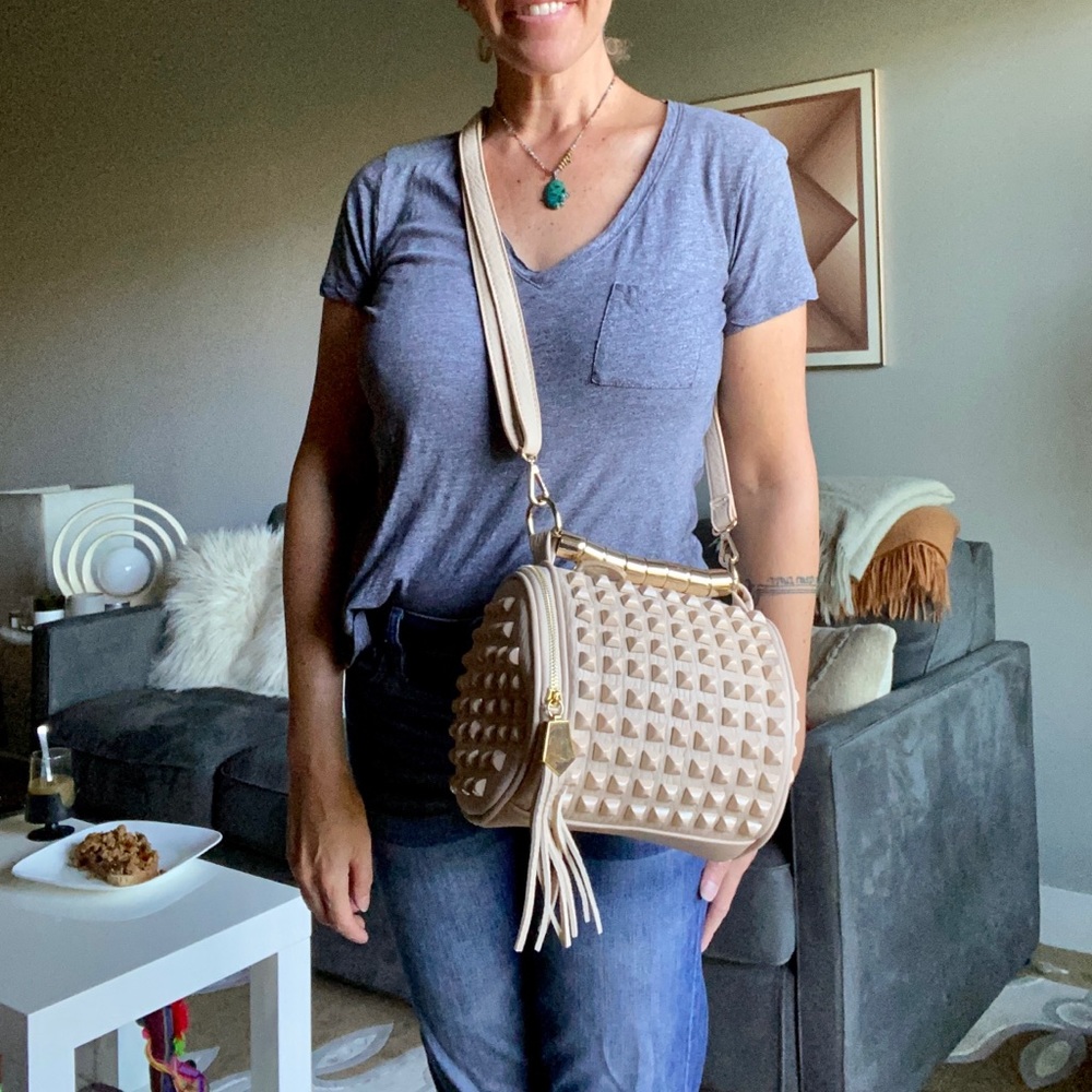 Studded Nude Pebbled Vegan Leather Crossbody Purse